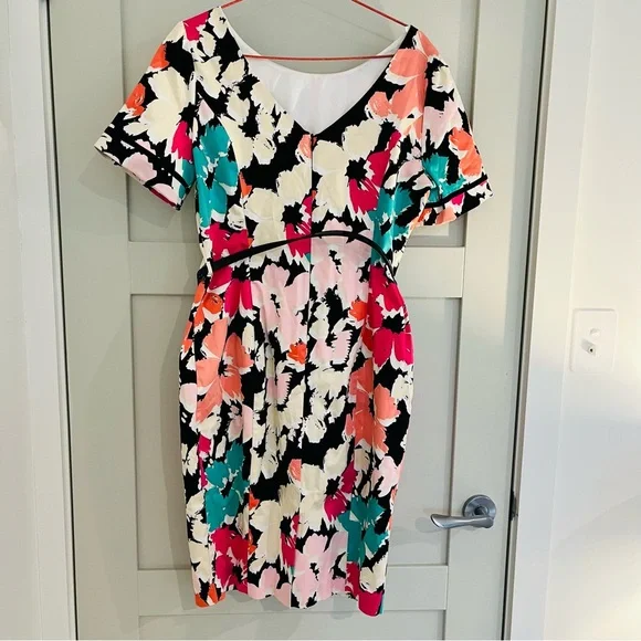 Review Women Dress Size 14 Multicoloured Floral With Black Waist Belt V Back - Picture 7 of 9